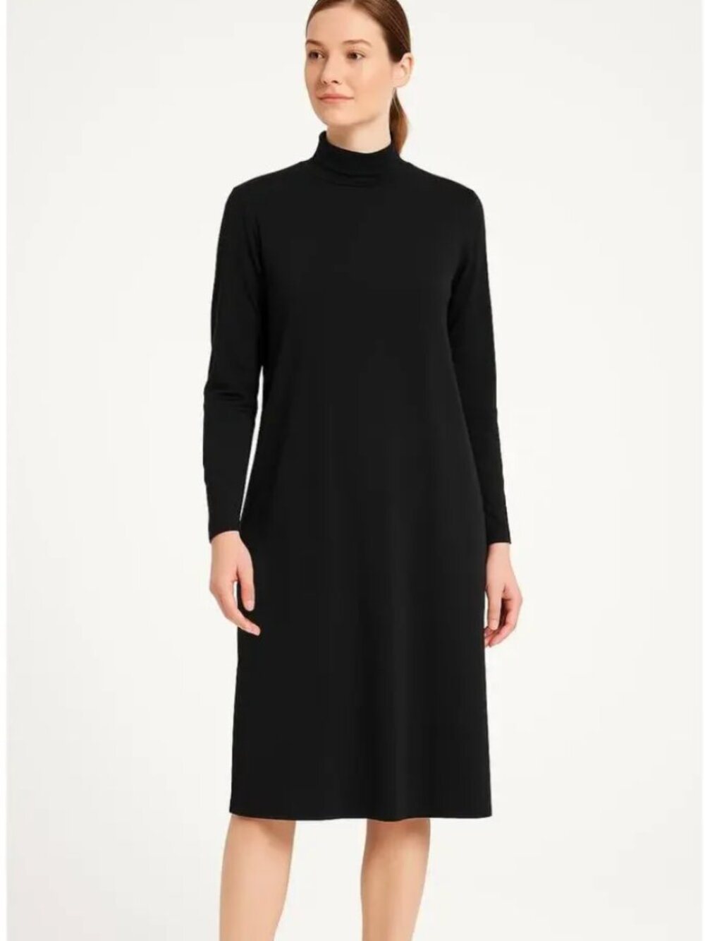 Eileen Fisher Black Mock Neck Long Sleeve Side Slit Midi Shift Dress Size S